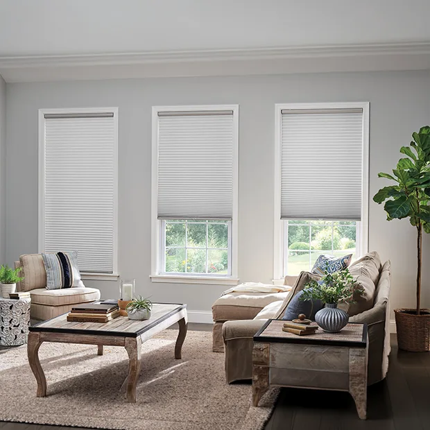 Light gray cellular shades on three windows in a gray living room