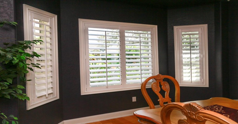 Beautiful Polywood Plantation Shutters In Dark Green Dining Room