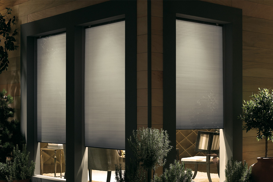 Dark gray cellular shades displayed from the exterior of a home.