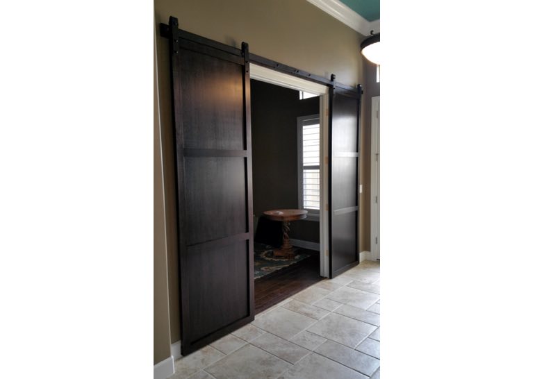 Brown shaker sliding brown doosed covering home office entry